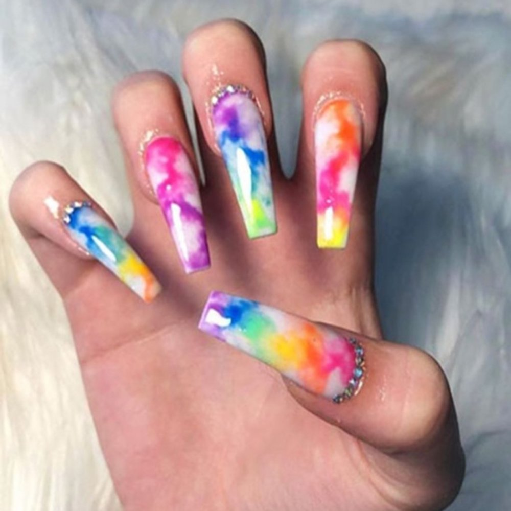 Handmade Hard Gel XXL Coffin Tie Dye Press On Nails